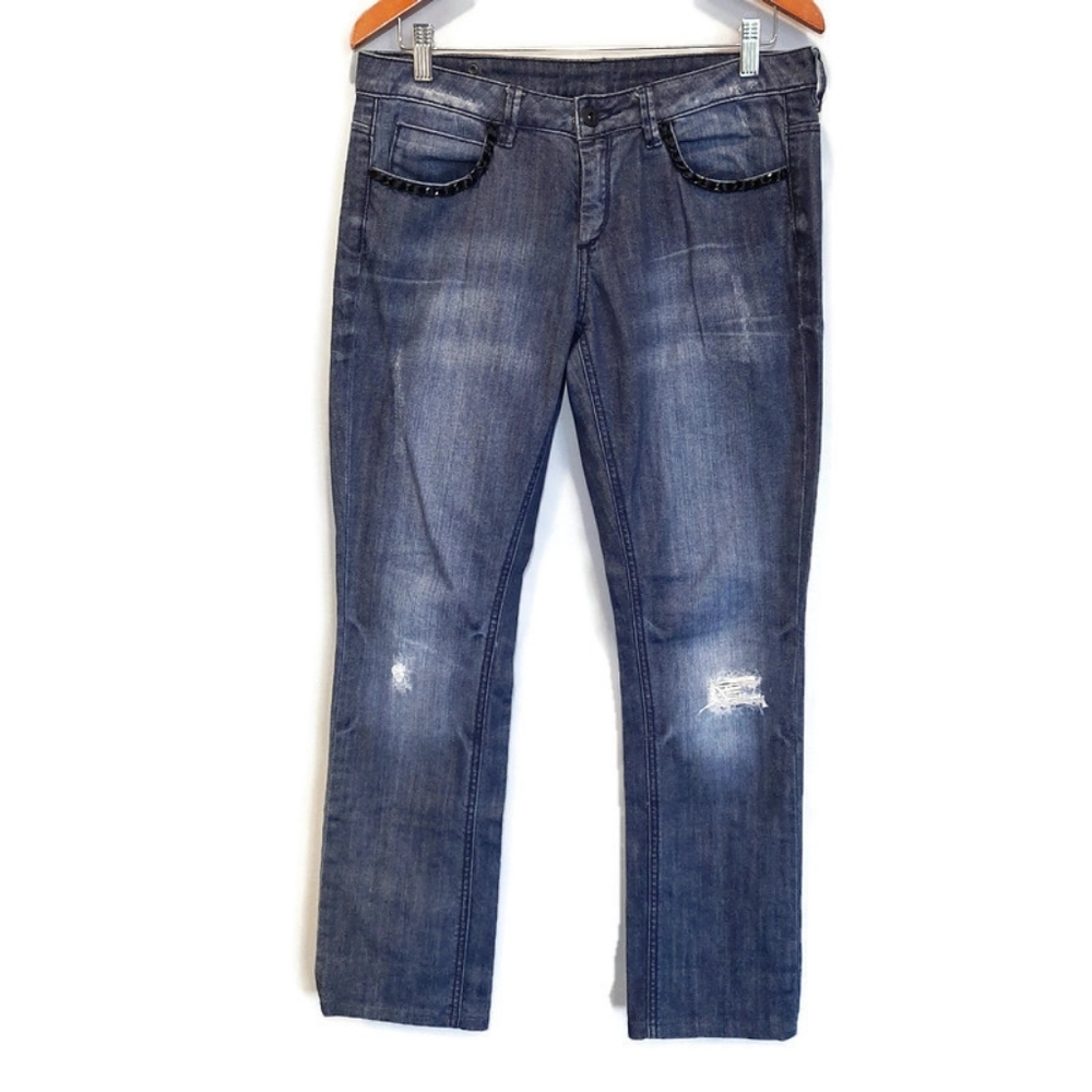 Buffalo Jeans David Bitton Distressed Straight Leg Dark Denim Chain Ribbon